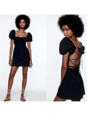 Zara Puff-Sleeve Black Mini Dress with Lace-Up Open Back